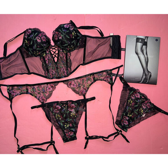 Victoria's Secret longline 34B BRA SET+garter Belt+panty BLACK Floral embroider